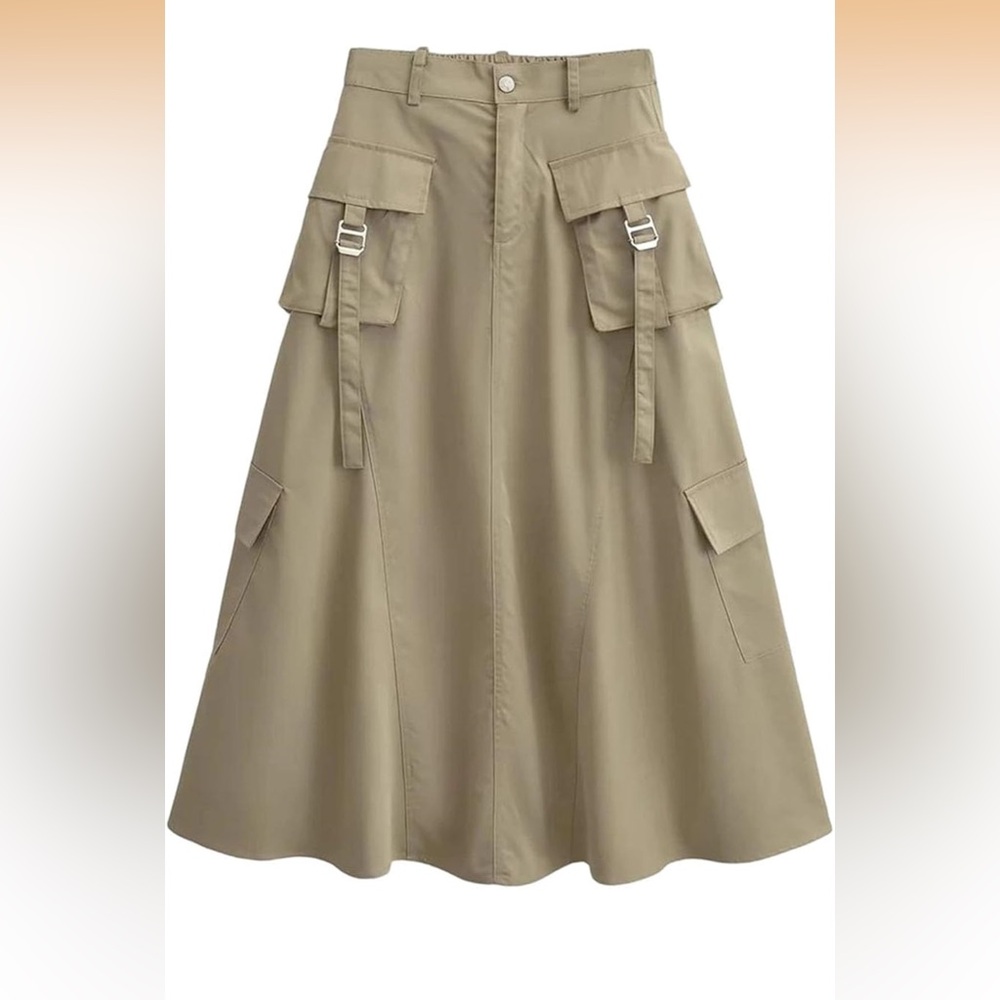 Amazon Khaki A-Line Midi Skirt with Cargo Pockets and Buckle Straps